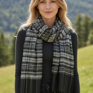 Esprit Long Plaid Dress Scarf Black Gray Green Fringe Acrylic 72x16 s2